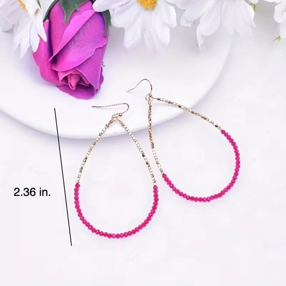 Hot Pink Beaded Teardrop Hoop Earrings Gold Tone Boho Dangle 2.36 Inch